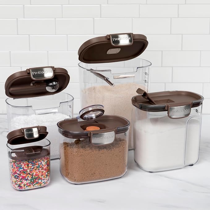 ProKeeper+ Airtight Food Storage Container Set – Clear Plastic Flour and Sugar Canister Set with Magnetic Accessories for Kitchen Organization (Brown, 9-Piece)