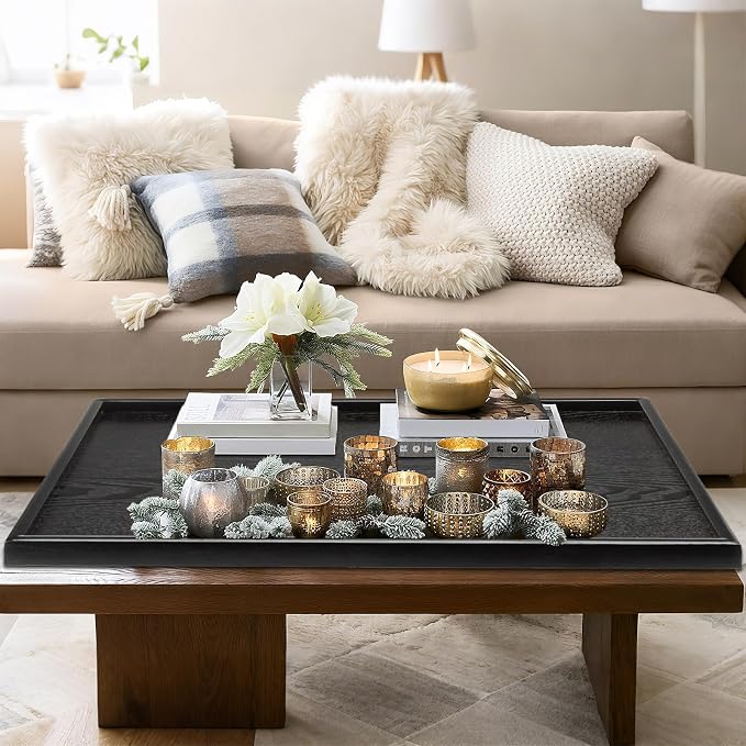 40 x 24 Inches Extra Large Solid Wood Serving Tray for Tea Coffee Table Snack Food Meals Serving Plate Kitchen Party Bar Breakfast Server with Raised Edges Black Wooden Decorative Ottoman Tray
