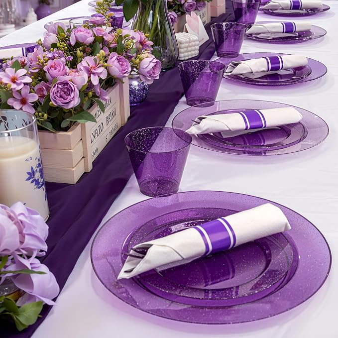 DaYammi 350 Pieces Purple Glitter Dinnerware Set 50 Guest for Party- 50 Dinner Plates, 50 Dessert Plates -50 Per Rolled Napkins with Purple Cutlery - 50 Disposable Cups 9 OZ