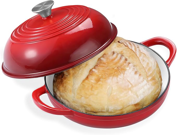 6 QT Enameled Cast Iron Round Bread Oven, Sourdough Dutch Oven | Bread Oven for Homemade Sourdough Bread Baking, Bread Pot with Dome Lid, Gifts for Sourdough Bakers, 500°F Oven Safe, Red