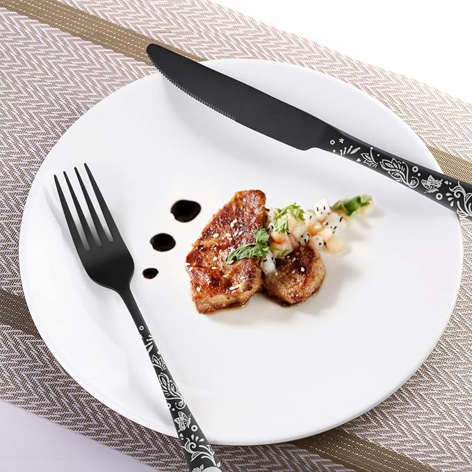 40 Piece Skull Pattern Matte Silverware Set for 8, Black Flatware set Service for 8,Gothic Unique Skull Pattern Design,18/0 Stainless,Satin Finish Cutlery for 8,Dishwasher Safe
