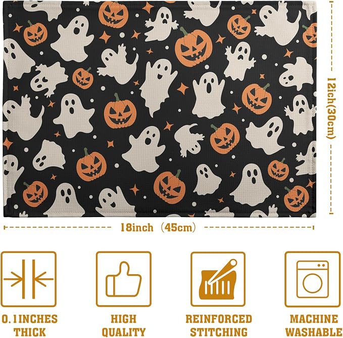 Halloween Placemats Set of 4 12x18 Inch Cute Ghost Pumpkin Table Mats Orange and Black Spooky Rustic Farmhouse Place Mat for Party Kitchen Dining Fall Decor