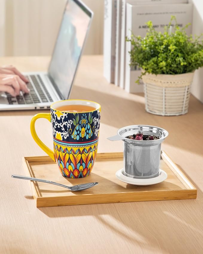 vancasso 18 Oz Tea Infuser Mug with Lid, Golden Lotus Mirage | Eye-Catching Bohemian Pattern, Adds Charm to Any Tea Corner, Ceramic Mug with Infuser, Microwave and Dishwasher Safe
