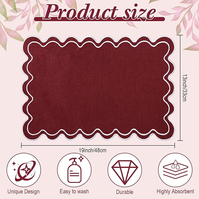 HunnmingRe Burgundy with White Set of 6 Cotton Linen Wedding Placemats, 13x19 Inch Scalloped Wavy Embroidery Placemat Double Layered Washable Rustic Rectangle Dinner Table Mat for Home Decor