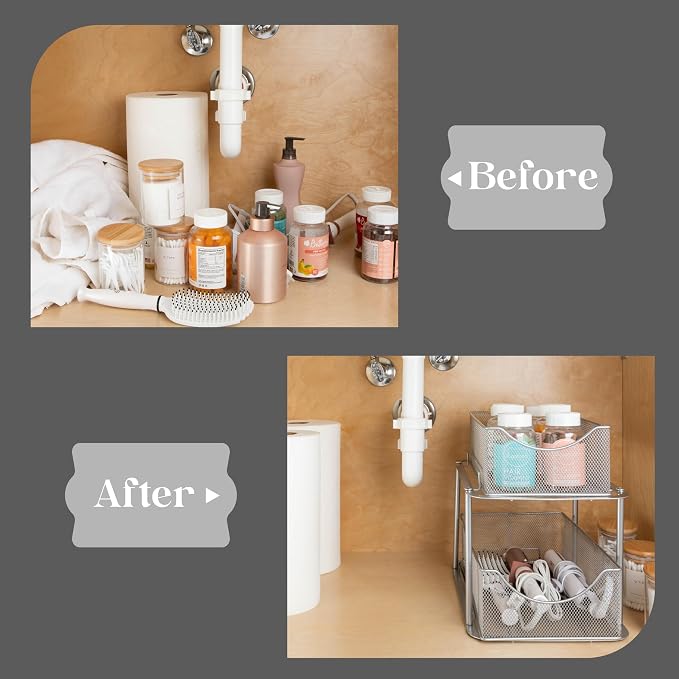 Sorbus 2 Tier Metal Under Sink Organizer for Bathroom, Kitchen, Strong Steel Mesh Sliding Drawers for Under Sink, Under Cabinet, Closet, Kitchen, Pantry, Bathroom Organizers and Storage (Silver)