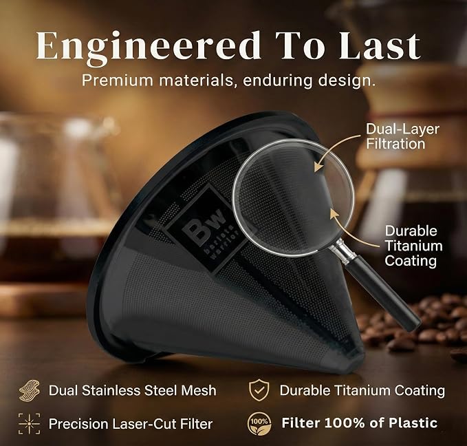 Barista Warrior Reusable Coffee Filter - Stainless Steel Pour Over Dripper, Compatible for Chemex, Hario V60 & Drippers, Easy to Clean Flavorful Brew Fine Mesh Coffee Filter - Black Titanium