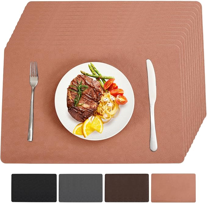 Coral Vinyl Placemats Set of 12 Waterproof Wipeable Table Mats | Heat Resistant Easy Clean Place Mats Faux Leather Table Mats Washable PVC Table Placemats for Dining Table