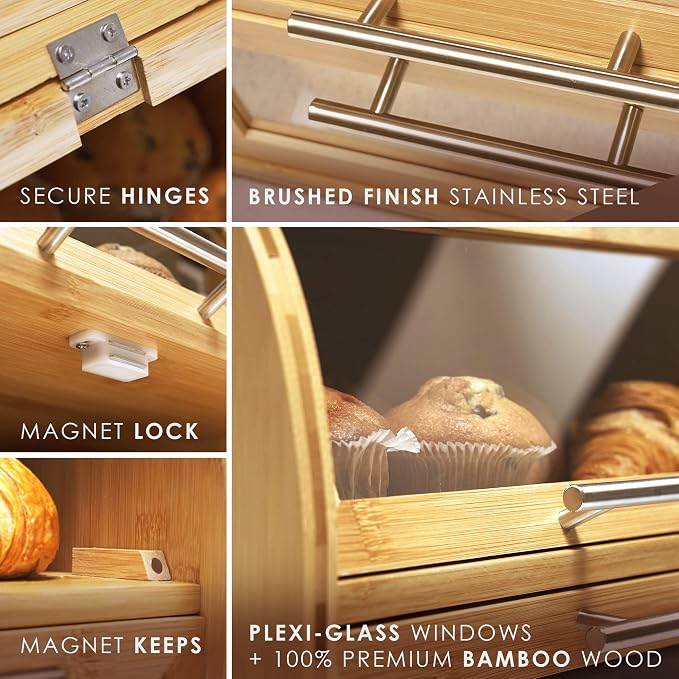 Arise Bamboo Wooden Bread Box for Kitchen Countertop, Extra Large 2-Shelf | Bread Storage Container with Clear Windows & Air Vents, Bread Bin & Keeper, Keeps Bagels, Rolls & Buns Fresh, Self Assembly