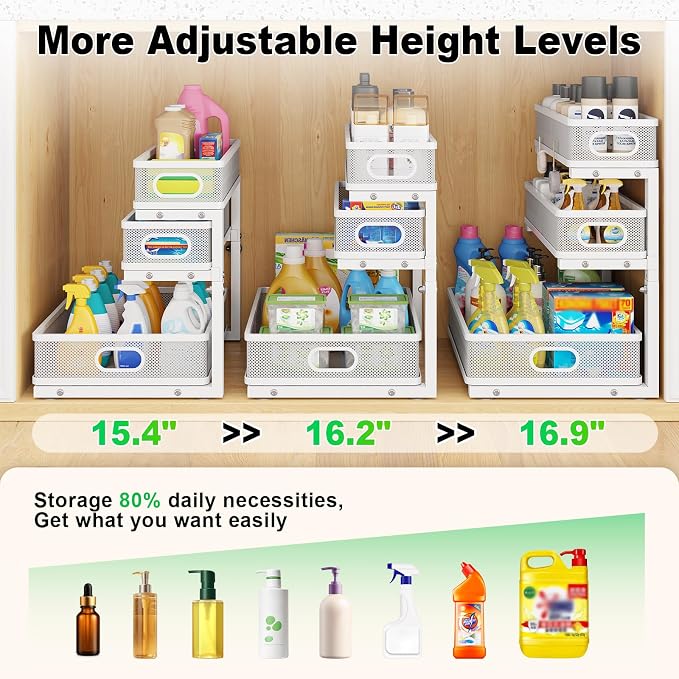 2 Pack Under Sink Organizer,3-Tier White Metal Pull Out Kitchen Cabinet Organizers,Slide Out Undersink Storage Drawers,Under The Sink Organization and Storage, Bathroom Shelves for Pantry,Laundry Room