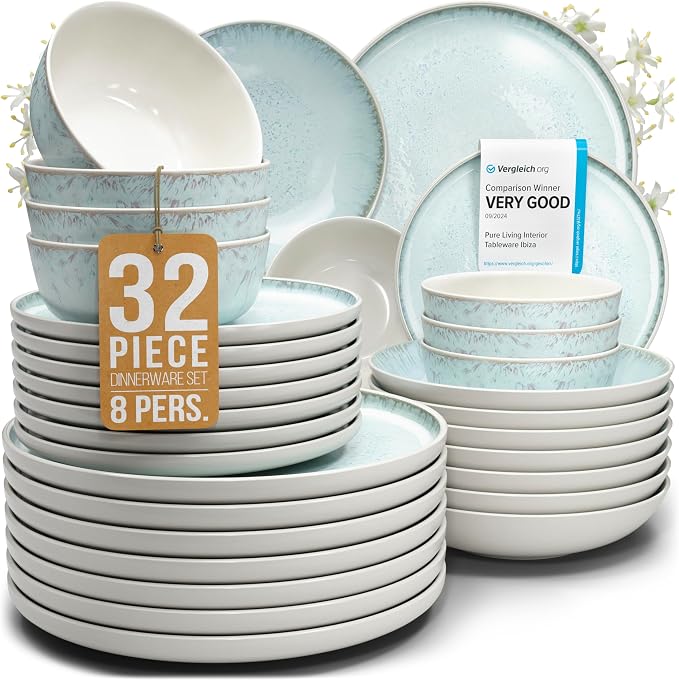 32 Piece Stoneware Dinnerware Set for 8 - Handmade Reactive Glaze Plates and Bowls Set - Chip & Scratch Resistant Dish Set - Dishwasher Microwave Safe - Light Beige & Blue