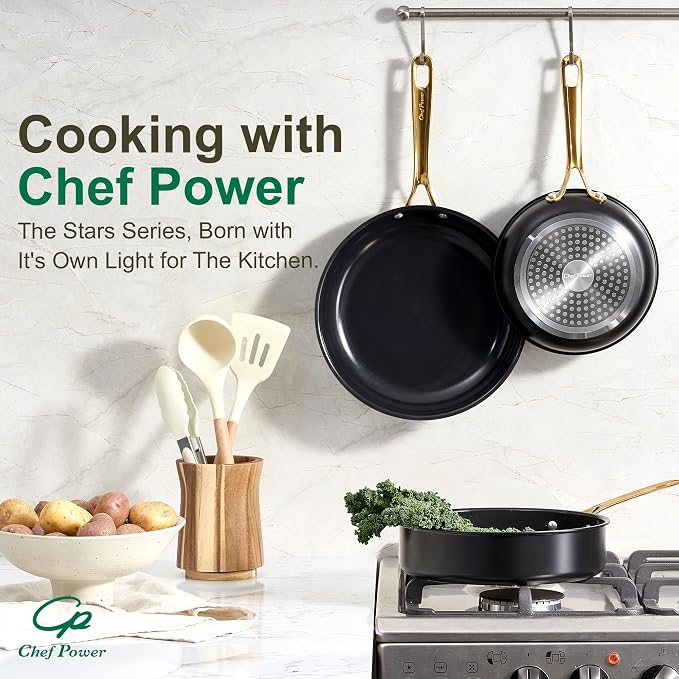 Ceramic Frying Pan with Stainless Steel handle 5Pcs Set, Non-toxic Non Stick Grill Pan Set, Induction, Dishwasher and Oven Safe, Stone Black & Light Gold Handle, 8'', 9'', 11'' Skillet