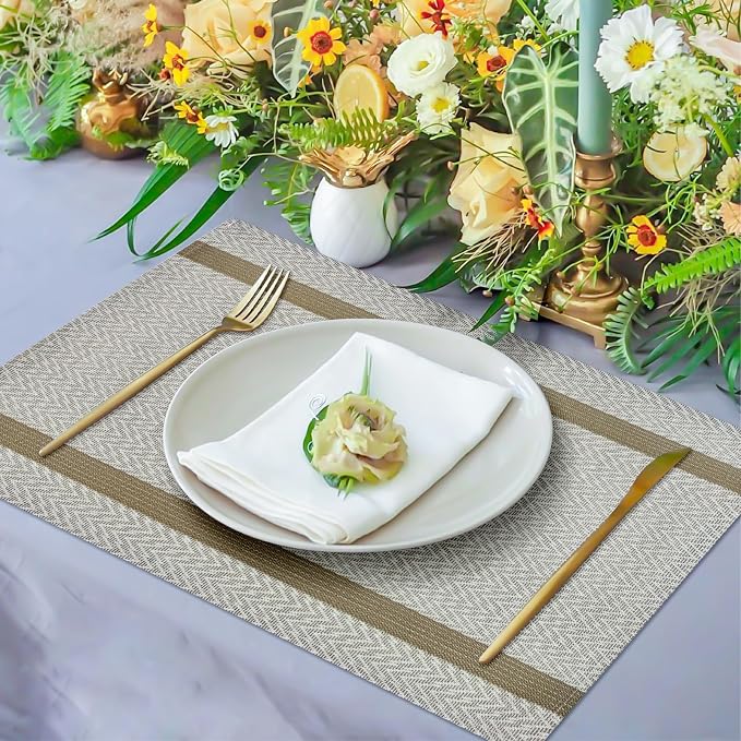 Beige Placemats Set of 4, 12x18 Inch Faux Linen Table Mats | Heat Resistant and Washable Design, Easy to Clean Surface for Dining Rooms, Kitchens, Outdoor Parties and Everyday Home Decor