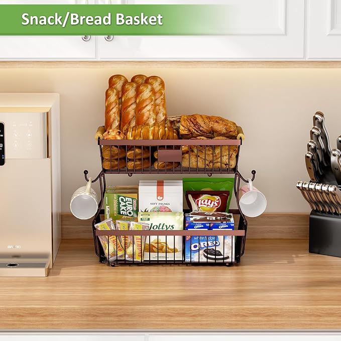 2 Tier Fruit Basket for Kitchen Counter with 2 Banana Hangers, Countertop Metal Bread Basket with Wooden Handle, Large Storage Stand for Vegetables, Snacks, Eggs, Produce Storage – Brown