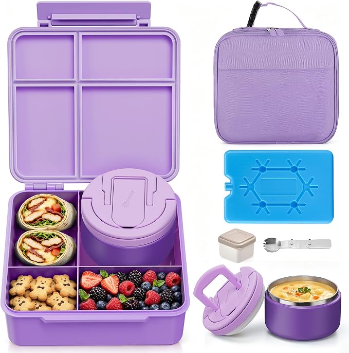 Bento Lunch Box Set with 8 oz Soup Thermo, Kids Leakproof 4 Compartments Hot Food Container with Sauce Cup, Ice Pack and Lunch Bag, Child Insulated Food Jar for School - Purple