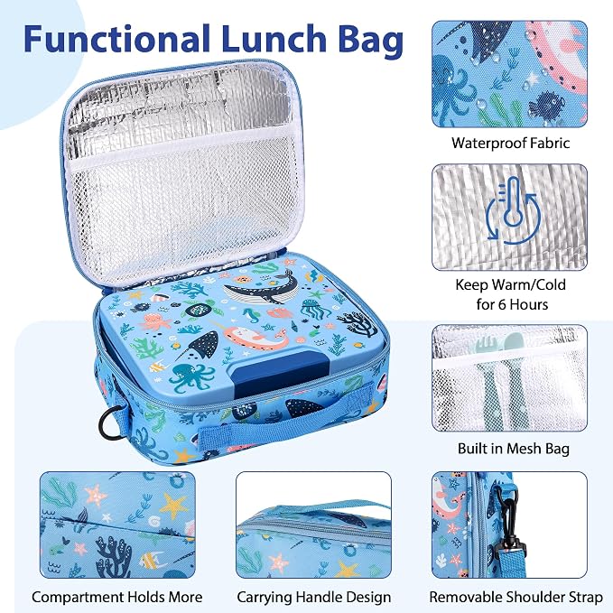 Kids Bento Lunch Box Set with 9.5oz Soup Thermo, Leak-Proof Lunch Food Containers with 3 Compartment and Removable Inner Tray, Insulated Hot Food Jar with Lunch Bag for School, Office, Sea Blue