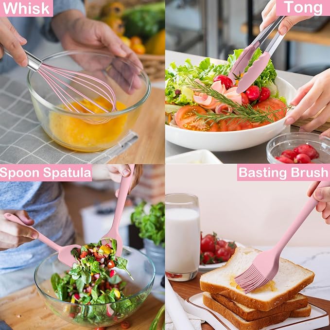 LIANYU 15 Piece Cooking Utensils Set with Stainless Steel Handle, Silicone Kitchen Gadgets with Holder, Heat Resistant Spatula Spoon Turner Tong Whisk Brush Tools for Cooking, Dishwasher Safe, Pink