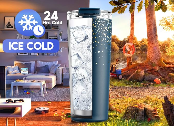 Meoky 24 oz Insulated Travel Coffee Mug: Leak Proof Lid, Midnight Galaxy | Stainless Steel Coffee Tumbler, Keeps Hot for 8 Hours or Cold for 24 Hours, Fits in Car Cup Holder, BPA Free