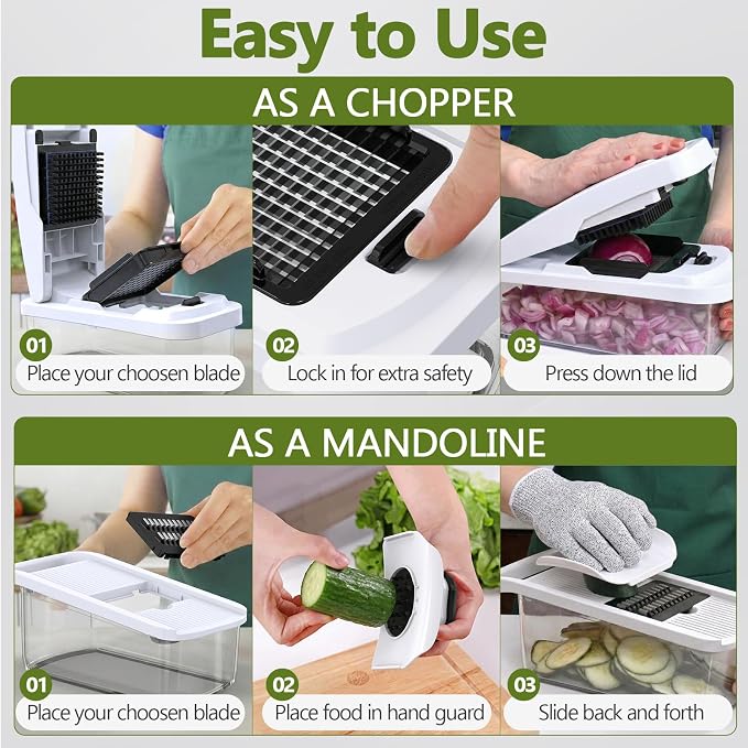 Multifunctional Vegetable Chopper & Mandoline Slicer, Veggie Chopper | Removable Grid ,8 Interchangeble Blades, Onion Chopper, Easy to Clean Food Chopper, Fruit Slicer Onion Dicer