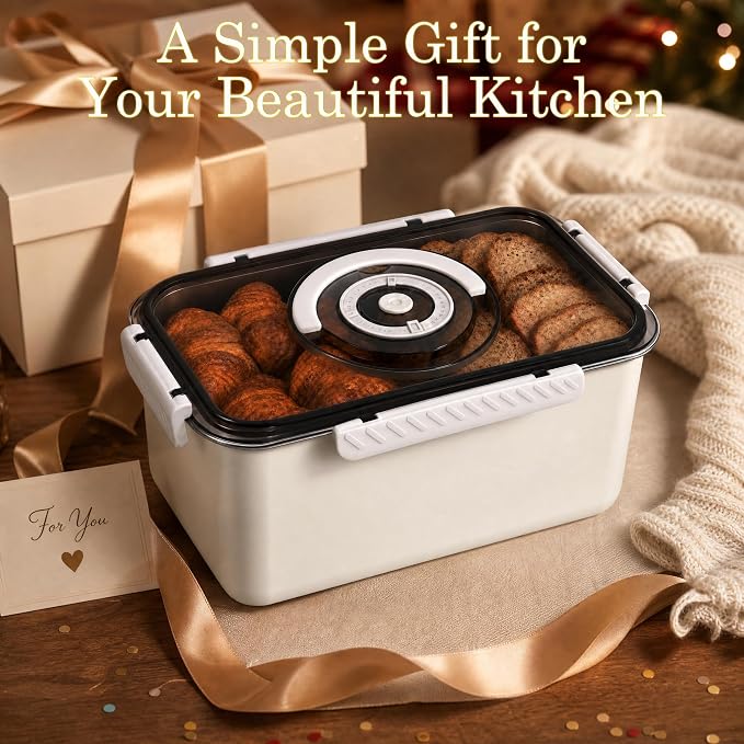 Bread Storage Stainless Steel Bread Box for Homemade Bread Airtight,Beige | 304 Stainless Steel;Airtight;Date Dial;5800ML Large Capacity (13.0 × 7.1 × 5.7 in);Dishwasher Safe;Portable Handle;Leak-Proof