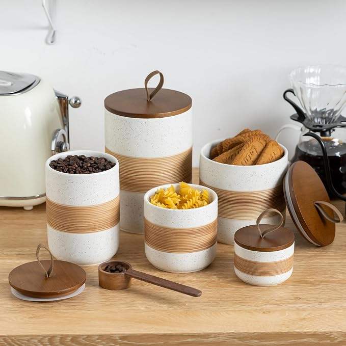 Miamolo Small Ceramic Jar with Lid, Coffee Container Canister Kitchen Food Storage Jars for Spice Sugar Tea Bag, Stackable Decorative Jars for Countertop, White & 5 fl.oz