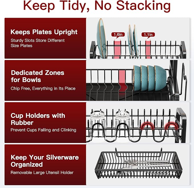 2 Tier Black Stainless Steel Dish Drying Rack for Kitchen Counter | Large Capacity Dish Drainer with Drainboard, Cup & Utensil Holder, Space Saving Rustproof Metal Plate Rack, Fast Drain