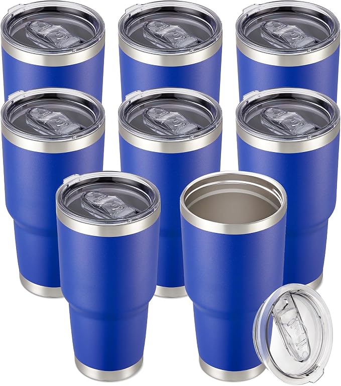 30 oz Tumbler with Lid Stainless Steel Tumblers Bulk, 8 Pack | Vacuum Insulated Cup, Leak Proof Lid, Powder Coated Travel Mug, Double Wall, Keep Cold Drinks for 12 Hours, Blue