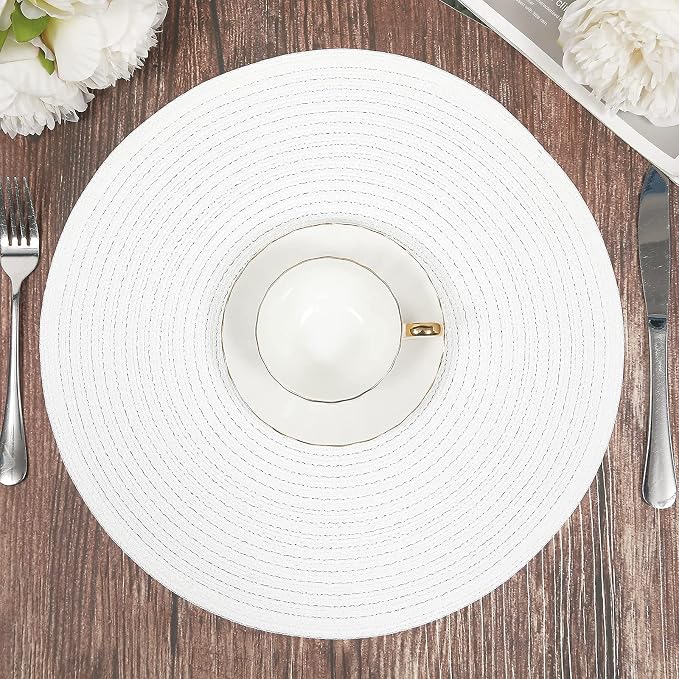 SHACOS Round Braided Placemats Set of 6 Round Table Mats for Dining Table 15 inch Washable Cotton Polyester Place Mat (White, 6)
