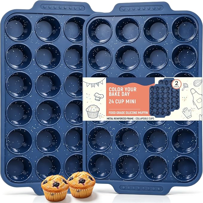 Silicone Muffin Pans for Baking with Metal Reinforced Frame | Nonstick 24-Cup Mini Size Cupcake Tray for Egg Bites, Muffins & Cupcakes, Dishwasher Safe, Titan Blue, Set of 2