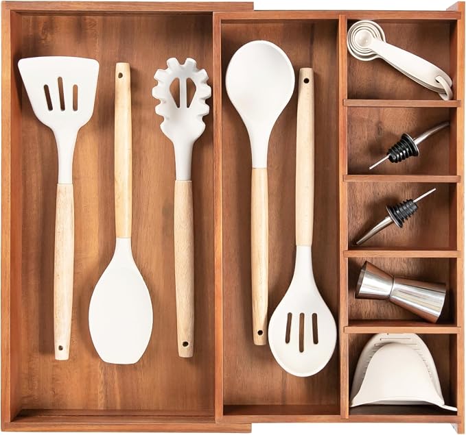 Utensil & Junk Drawer Organizer, 10.5-18.5 in, Acacia | Food-safe contract grade, 100% sustainable wood, non-slip, adjustable