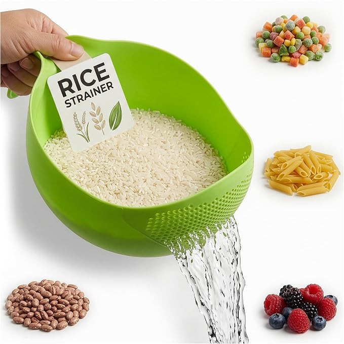 1.7L Rice Strainer with Handle, 9.4 In, Lightweight, ABS (Green) | Rice Washer Strainer Bowl; Drains Water Fast; Rinses Rice, Cereals, Pasta, and Veggies; Easy-Grip Handle; Dishwasher Safe
