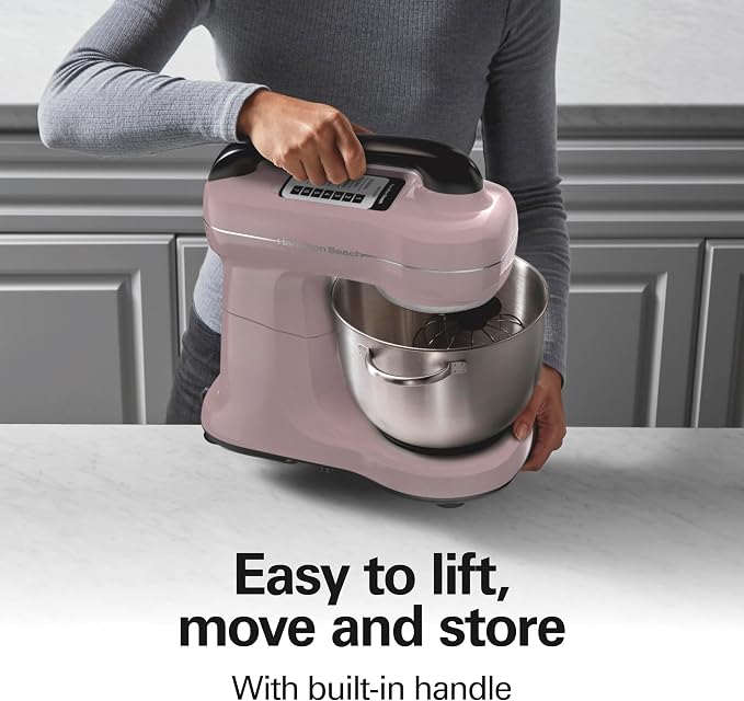 Hamilton Beach 4 Qt Electric Stand Mixer With 7 Speeds, Easy-Carry Handle | Planetary Mixing For Full Bowl Coverage | Splash Guard | 300 Watts | Whisk, Flat Beater, Dough Hook | Mixing Guide | Pink