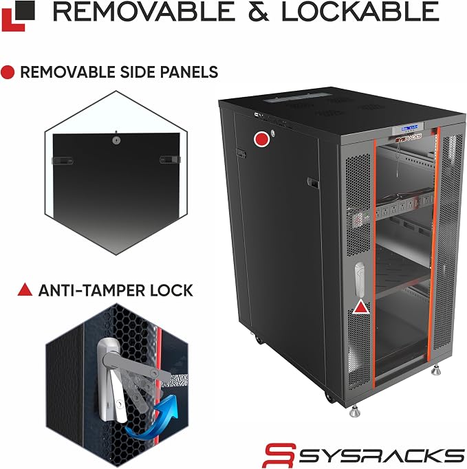 Sysracks 22U Server Rack Cabinet, 39" Deep, Glass Door, 19-Inch | 4-fan thermostat cooling, 8-outlet PDU, shelf, casters, cable entry brushes