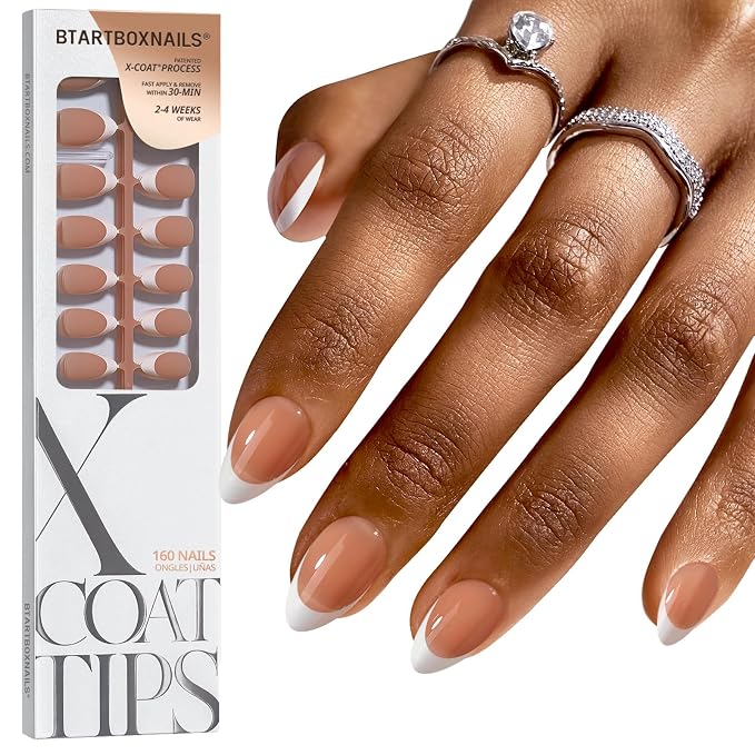 BTArtboxnails XCOATTIPS White French Tip Press On Nails, S Almond, Brown | Lamp-Curable, 4-Week Wear, Natural Nail Look, Salon Quality Value at Home, Easy-to-Apply for Beginners, 160ct Nail Tips Only
