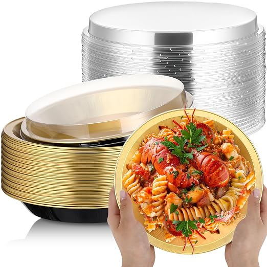 9 Inch Heavy Duty Aluminum Pie Tins Bulk with Lid, Oven and Freezer Safe Disposable Pie Pizza Pan Dessert Baking Cups for BBQ Camping Graduation Father's Day Party Favors(25 Pack,Black,Gold)