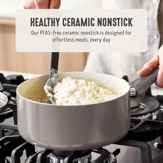 GreenLife 2QT Ceramic Nonstick Saucepan with Lid, Light Gray | PFAS-Free Ceramic Nonstick Coating, Soup Pot, Induction Ready, All Stovetop Compatible, Stay-Cool Handles, Dishwasher Safe