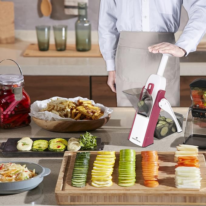 ONCE FOR ALL Safe Mandoline Slicer 5 in 1 Vegetable Cutter, Strips Julienne Dicer Adjustable Thickness 0.1-8 mm for Kitench Fast Meal Prep (Red) | Adjustable Thickness, Potato Slicer Veggie Chopper, Strips Julienne Dicer, French Fry Cutter, Dishwasher ...