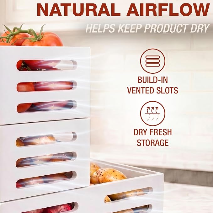 HOMESTEAD Stackable Solid Wood Storage Bins for Kitchen Pantry & Countertop, Ventilated Potato and Onion Basket Organizer with Handles, Wooden Produce Storage Containers, 3-Pack, White