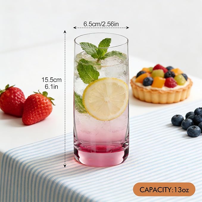 Pink Highball Glasses Set of 6, Drinking Glass for Mixed Drink | 13oz ,Cups for Cocktail, Beer, Mojito, Water and Juice,Thick Tall Glassware for Kitchen, Restaurant, Home Bar and Parties