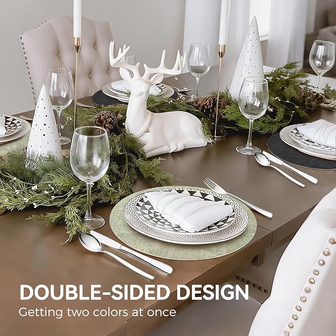 NCUE 13" Faux Leather Round Placemats Set of 4, Reversible Dual-Color | With 3.9" Coasters, 2 mm Vinyl Table Mats, Waterproof Wipeable Heat Resistant, Non-Slip Texture, for Dinner Party Home Decor