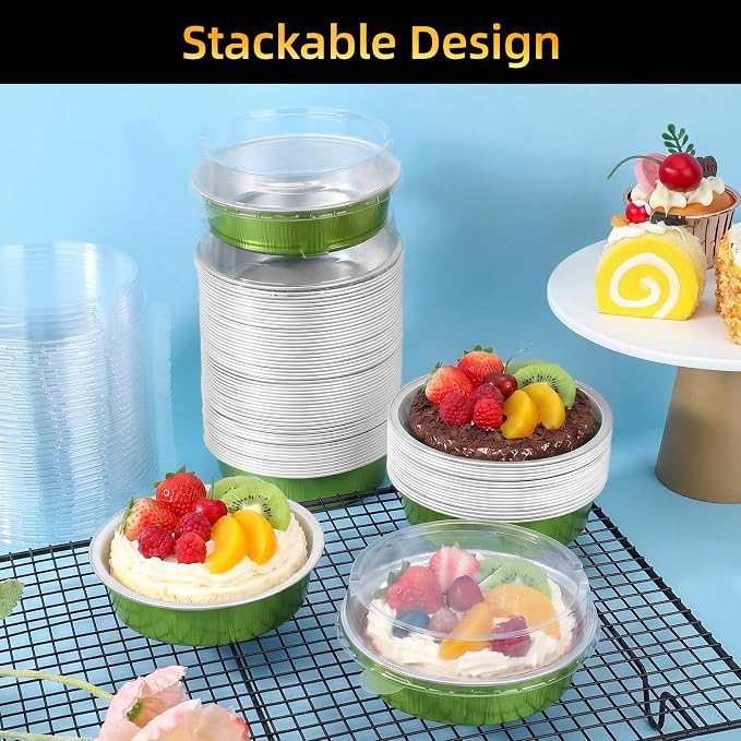 Beasea Mini Pie Pans with Lids, 120 Pack 7.3oz Avocado Green Disposable Aluminum Foil Pie Tart Baking Cups Tins, 4 Inch Mini Cake Pans Individual Dessert Containers Oven Dishes for Tart Cheesecake