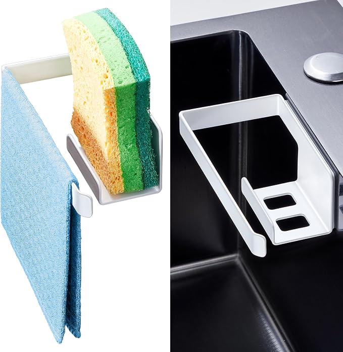Sponge and Dish Cloth Holder for Kitchen Sink, 2 in 1 Adhesive Sink Dish Sponge Holder, Sinks Caddy Organizer Rack for Storage Sponges Scrubber Glove and Brush, White