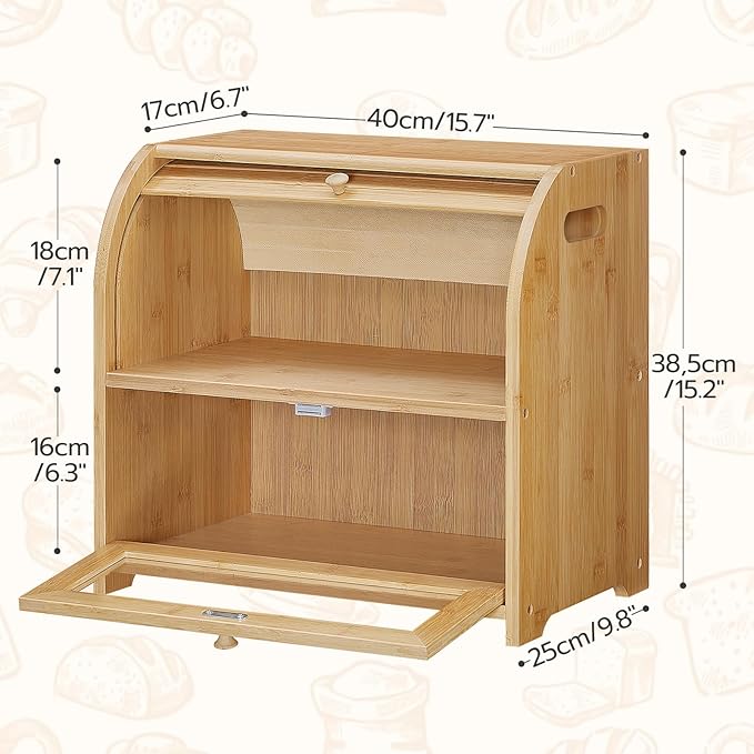 HOOBRO Bread Box, Bamboo Bread Box for Kitchen Countertop, 2 Tier Roll-Top Bread Bin, Food Storage Box, Large Capacity Keeper, Wooden Storage Cabinet, for Kitchen, Dining Room, Natural YL13MB01