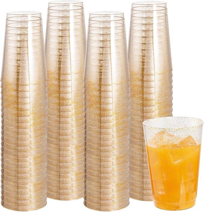 IOOOOO 100 Pack 12 oz Gold Glitter Cups, Clear Disposable Cups, Gold Plastic Wine Glasses Cocktail Glasses Heavy Duty Cups, 12 Ounce Glitter Plastic Tumblers for Party
