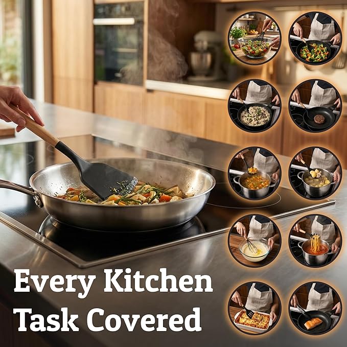 PriorityChef Silicone Cooking Utensil Set with Wooden Handles - Kitchen Utensils for Nonstick and Ceramic Cookware, Heat Resistant up to 446°F, Black