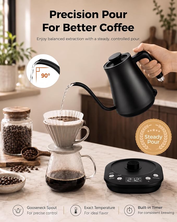 Gooseneck Electric Kettle with ±1℉ Temperature Control, 304 Stainless Steel Interior, BPA Free, 1200 Watt Rapid, Brew Timer, Automatic Shut Off for Pour Over Coffee, Brew Tea（Matte Black）