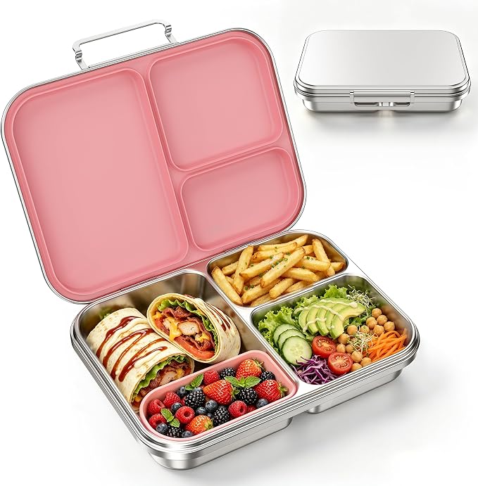 Stainless Steel Bento Lunch Box for Kids and Adults,3 Compartment Meal Lunch Box with Detachable Silicone Lid,Leak-Resistant Food Container with Snack Cup for School,BPA-Free(Pink)