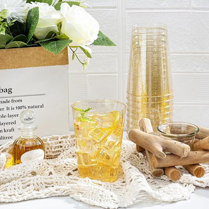 I00000 50 Pack 12 oz Gold Glitter Plastic Cups, Clear Disposable Cups, Disposable Plastic Wine Glasses Cocktail Glasses Premium Cups, 12 Ounce Glitter Tumblers for Party & Wedding