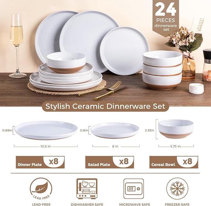 AmorArc Dinnerware Sets for 8, 24 Pieces Ceramic Plates and Bowls Set | Scratch Resistant Stoneware Dishes Set, Dishwasher & Microwave Safe,White