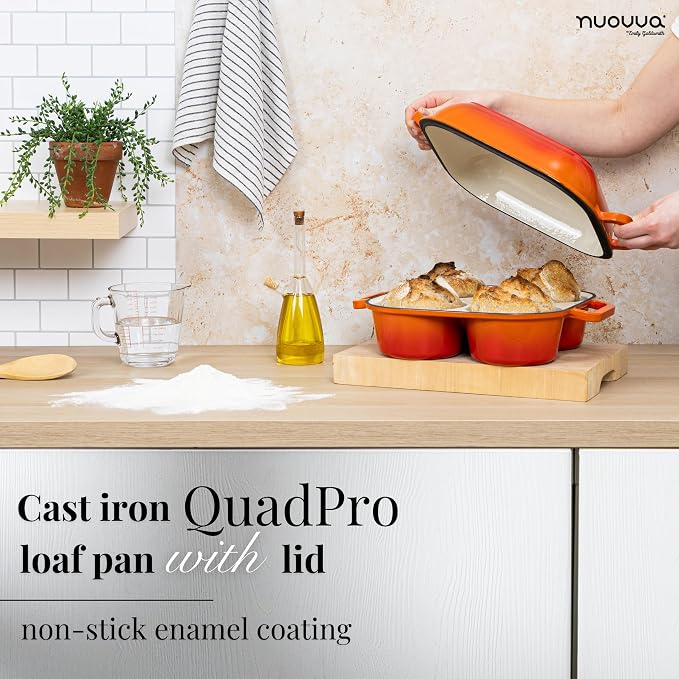 QuadPro Enamelled Cast Iron Bread Loaf Pot – Dutch Oven for Sourdough Bread Baking – 500°F Oven Safe Non Stick Bread Pot – 4 Round Loaf Spaces (4.90-inch Diameter), Orange – by Nuovva
