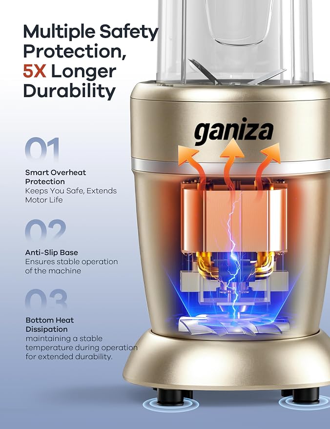Ganiza Smoothie Blender Max 1300W, Personal Kitchen Blender & Grinder Combo | 23 oz, (2) 37 oz To-Go Cups, 6-Leaf Blade, Portable Maker for Smoothies, Shakes, Frozen Drinks, Sauces, Coffee Beans, Nuts